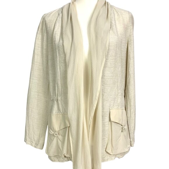 Chico's Sofie Scarf Silk Linen Blazer S 4 Neutral Open Front Pockets Lagenlook - Picture 2 of 13